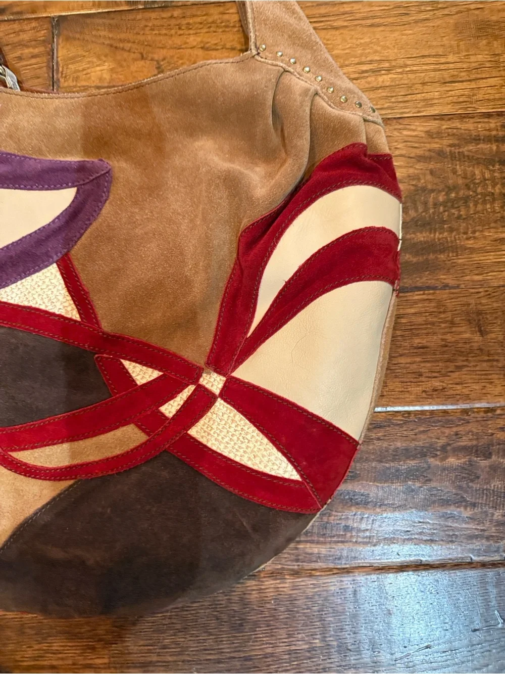 Y2K Vintage Lucky Brand Suede Patchwork Hobo in Red, Purple, Tan, Cream, Brown